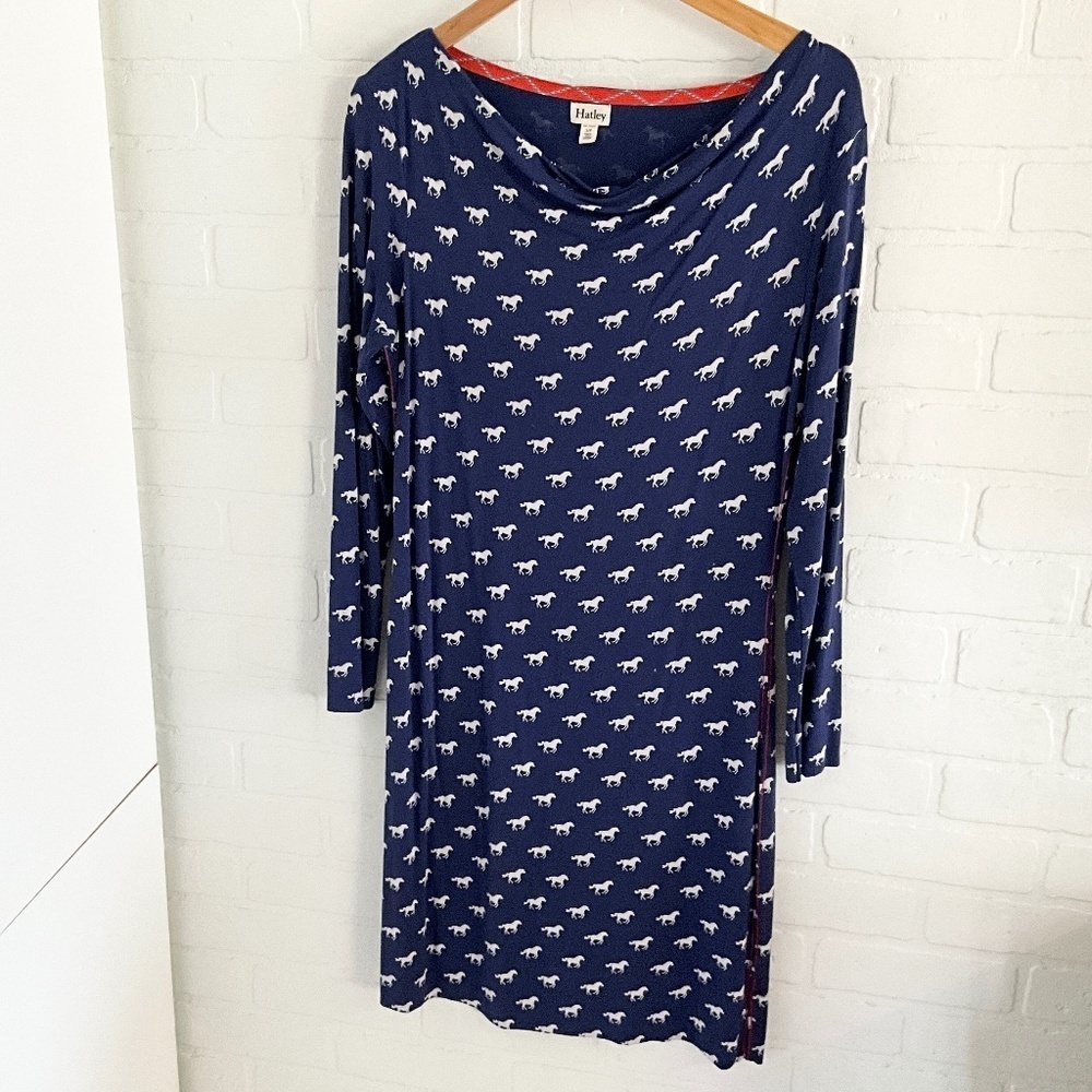 Hatley Mini Dress Horse Print Coastal Boat neck Equastrian Navy White Red Sz S